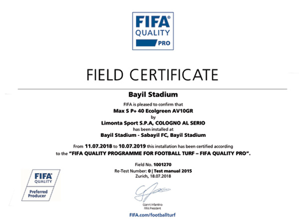 FIFA certificate for artificial turf of Bayil Stadium