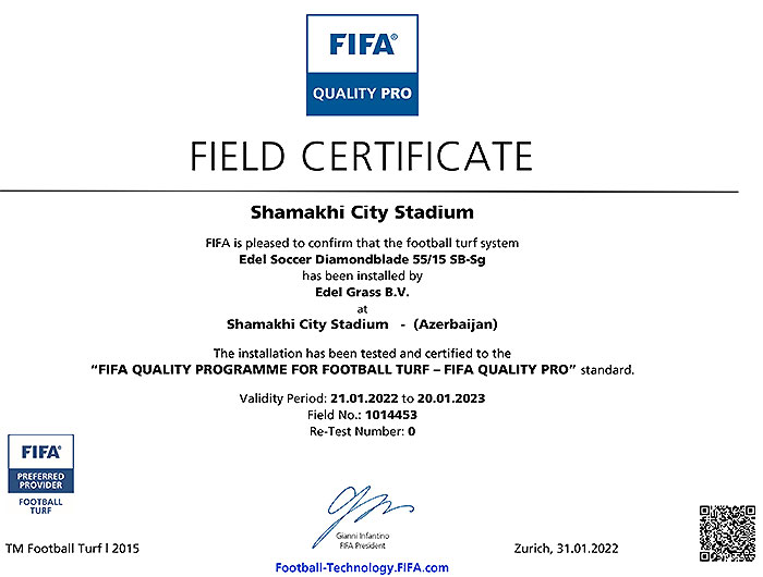 Şamaxı şəhər stadionunun süni örtüyünə FİFA sertifikatı