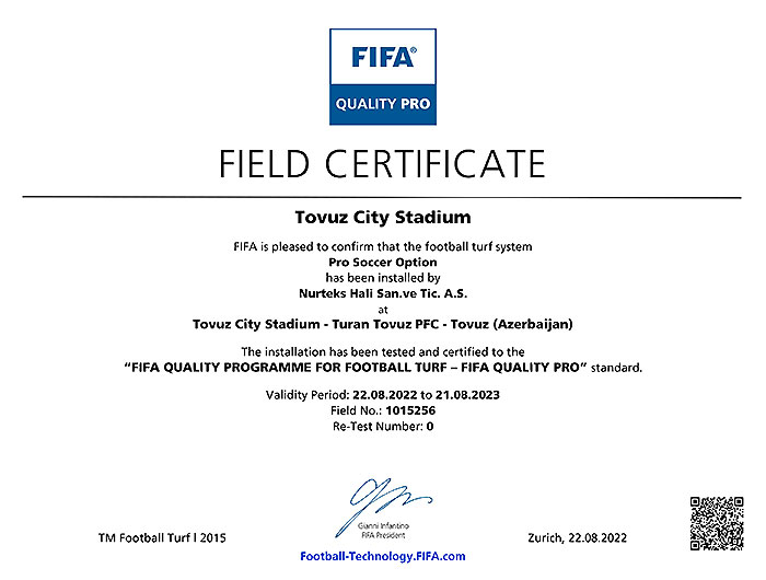 FIFA certification for artificial turf cover of Tovuz city stadium