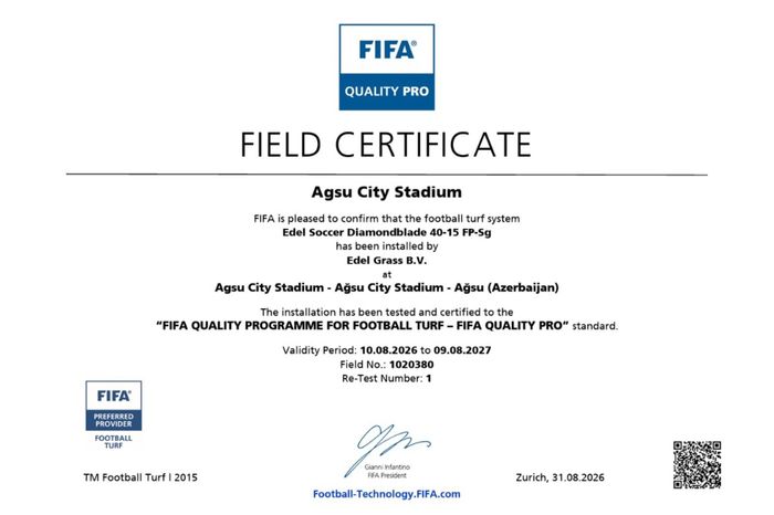 Ağsu şəhər stadionu FIFA-nın sertifikatına layiq görülüb